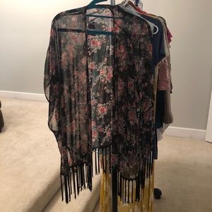 Sheer floral print with fringe kimono